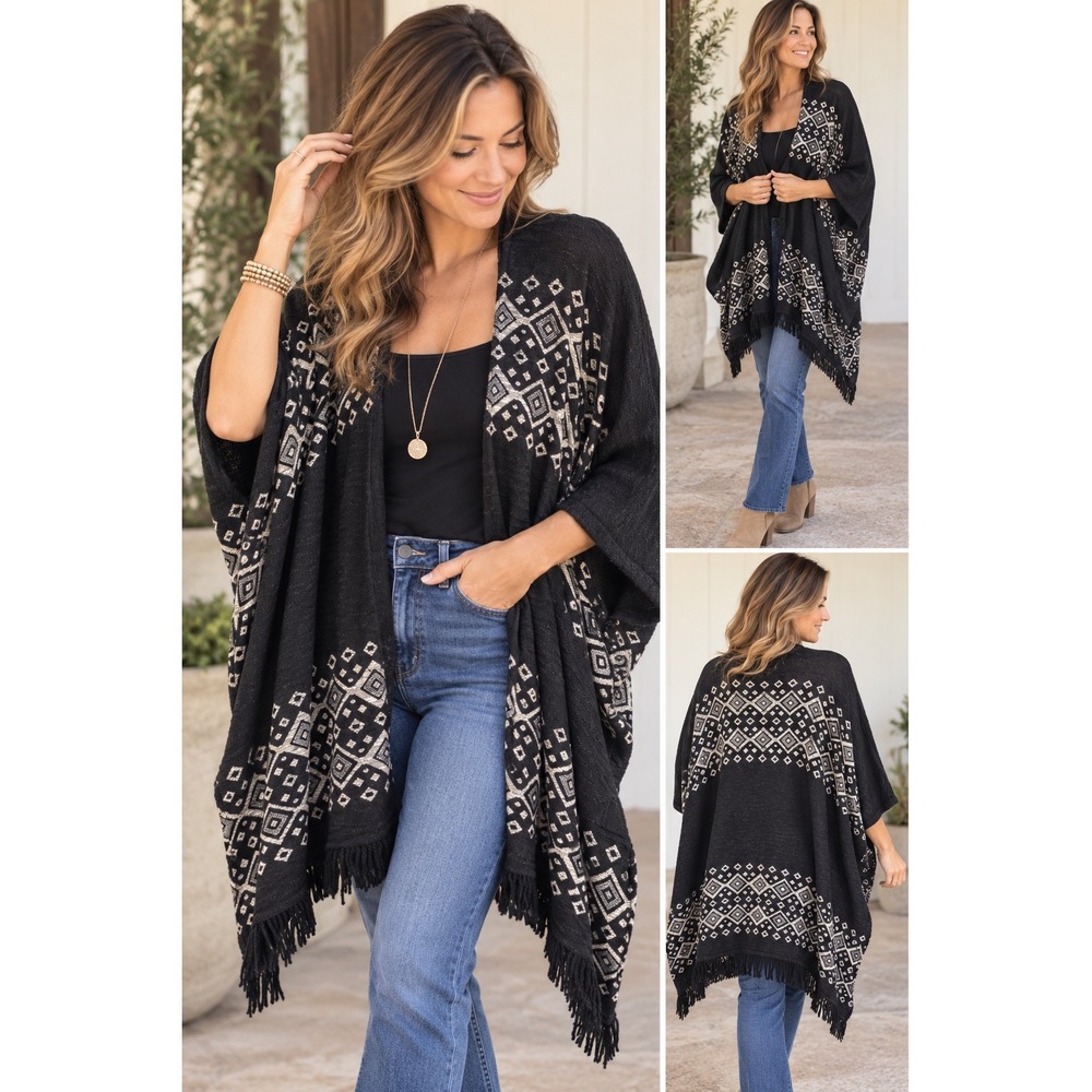 Mossimo Black White Geometric Diamond Fringe Wrap Cardigan Sweater Poncho L/XL